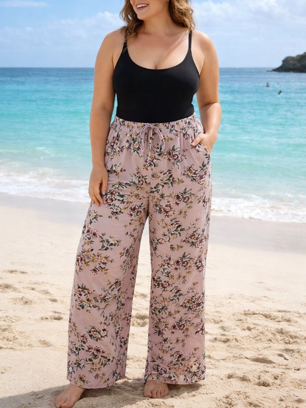🪷 Joe B Pink Floral Elastic-Waist Wide Leg flowy pants